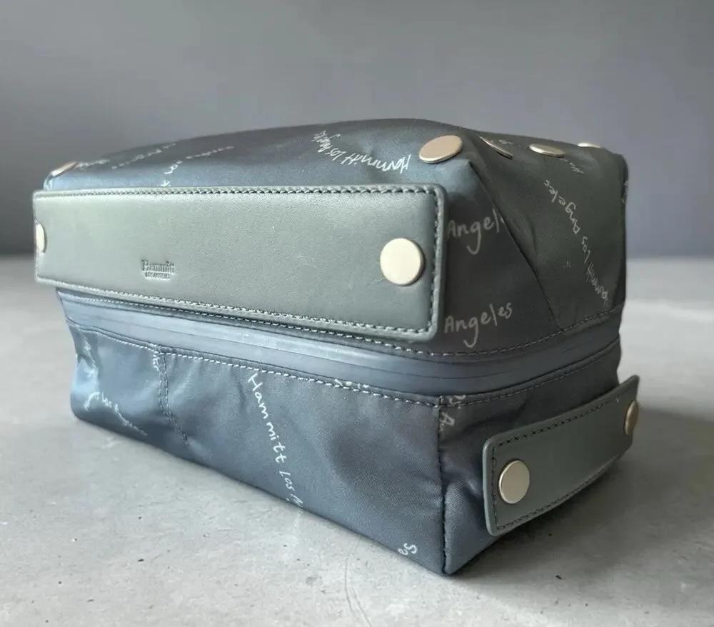 Hammitt Logo Dopp Kit Travel Toiletry Case Organizer Gray Blue Nylon Leather Zip